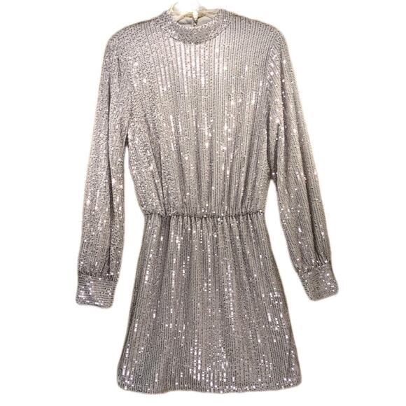 Miss Ord Silver Sequin Mini Dress M Mock Neck Belted NYE 70s 80s Glam - Picture 2 of 12